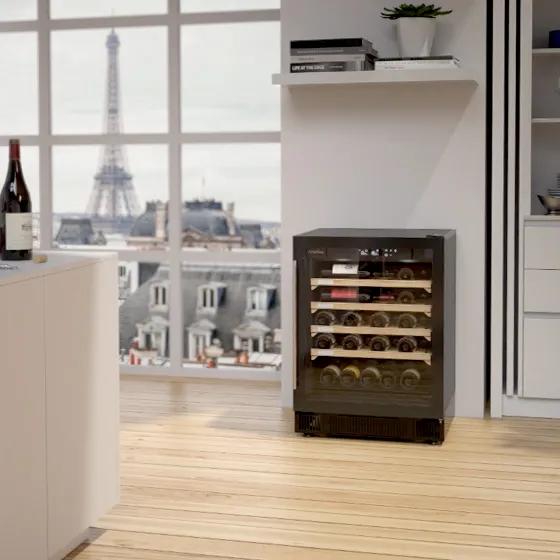 cave à vin cosy en pose libre dans cuisine avec tour eiffel en arrière-plan