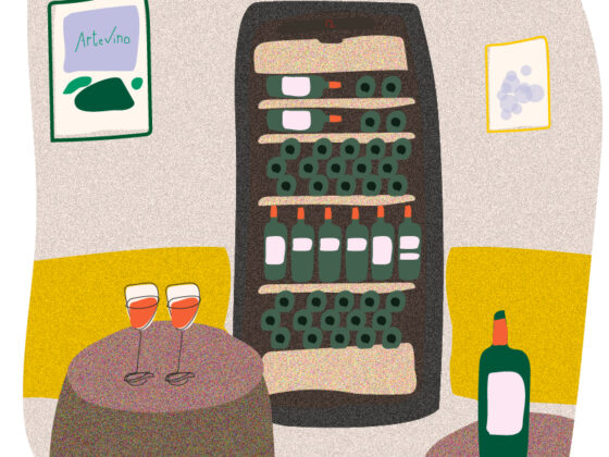 Illustration décorer sa cave à vin, avec tonneau en table, illustration