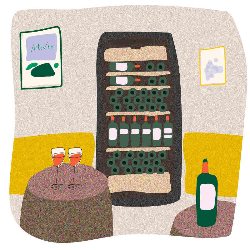Illustration décorer sa cave à vin, avec tonneau en table, illustration